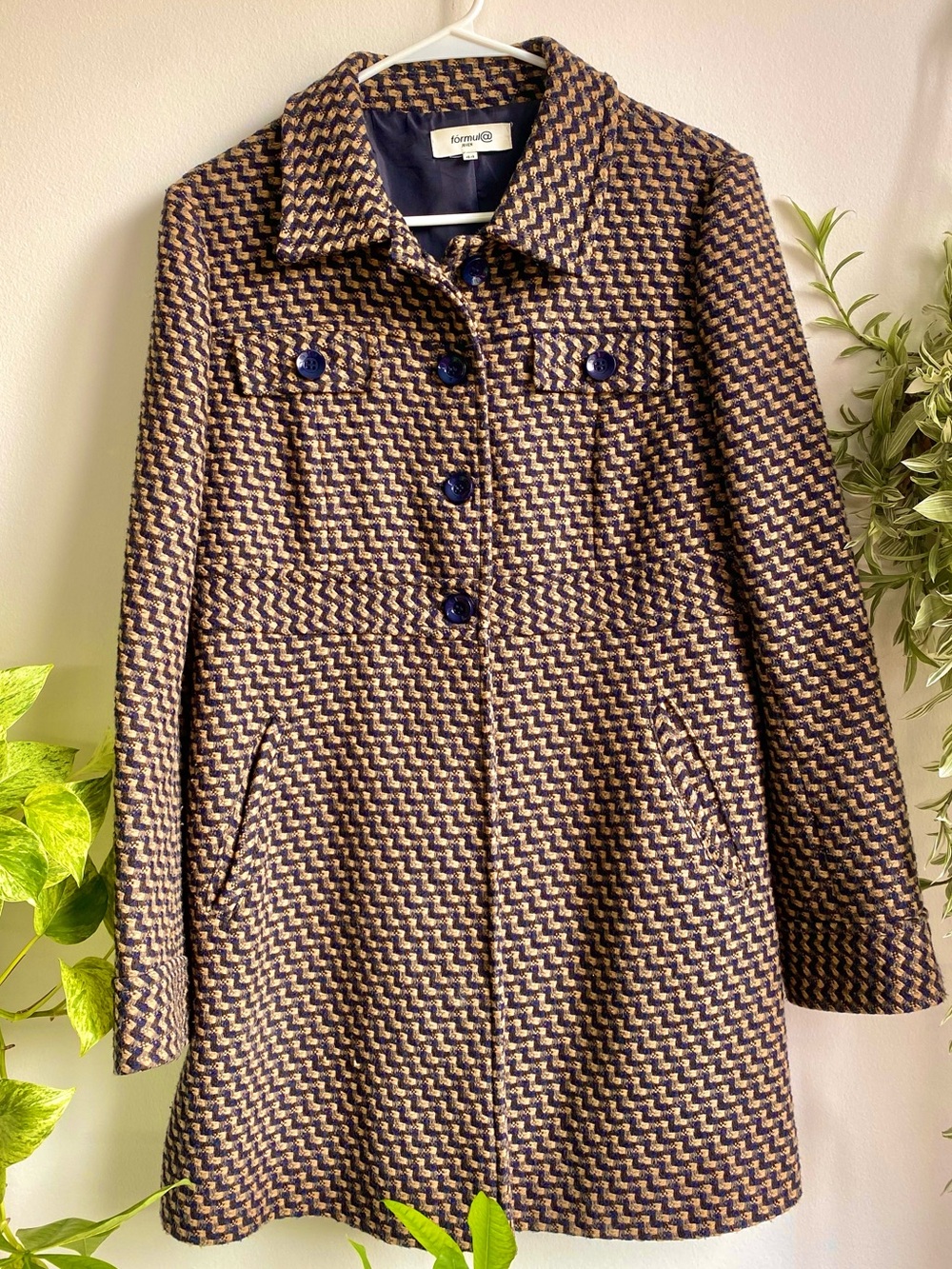 🍂 Navy & Yellow Patterned Pea Coat Fall Autumn Wool Blend Tweed Buttons Pockets
